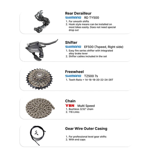 Complete Shimano 7-speed gear conversion kit with shifter, freewheel, and rear derailleur for single speed cycle upgrade