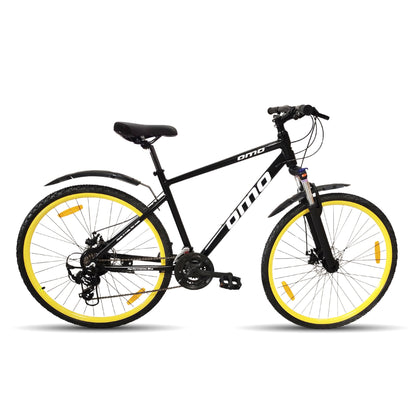 Ladakh Prime 8 and 24 gear hybrid bike alloy frame black colour with yellow wheel by omobikes
