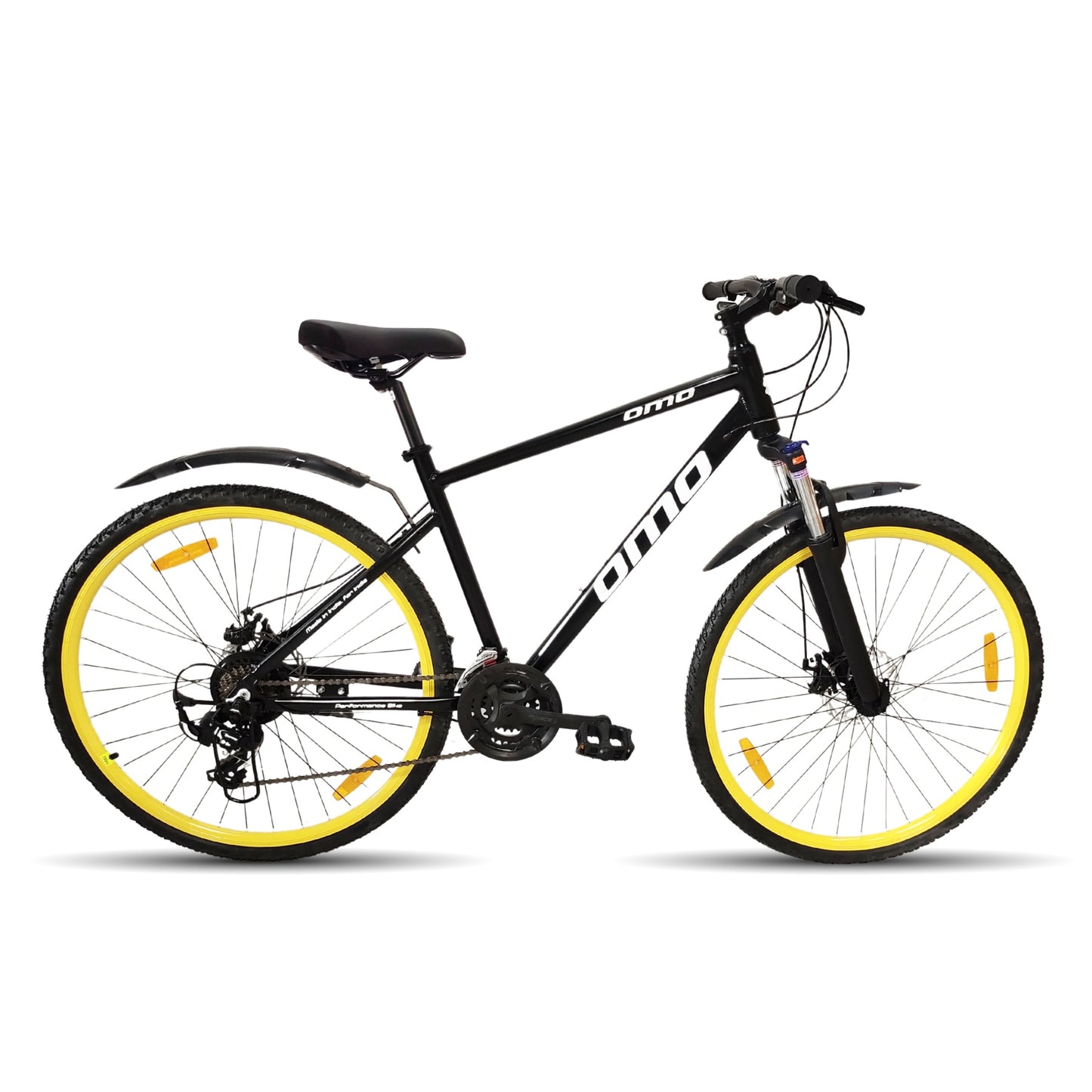 Ladakh Prime 8 and 24 gear hybrid bike alloy frame black colour with yellow wheel by omobikes