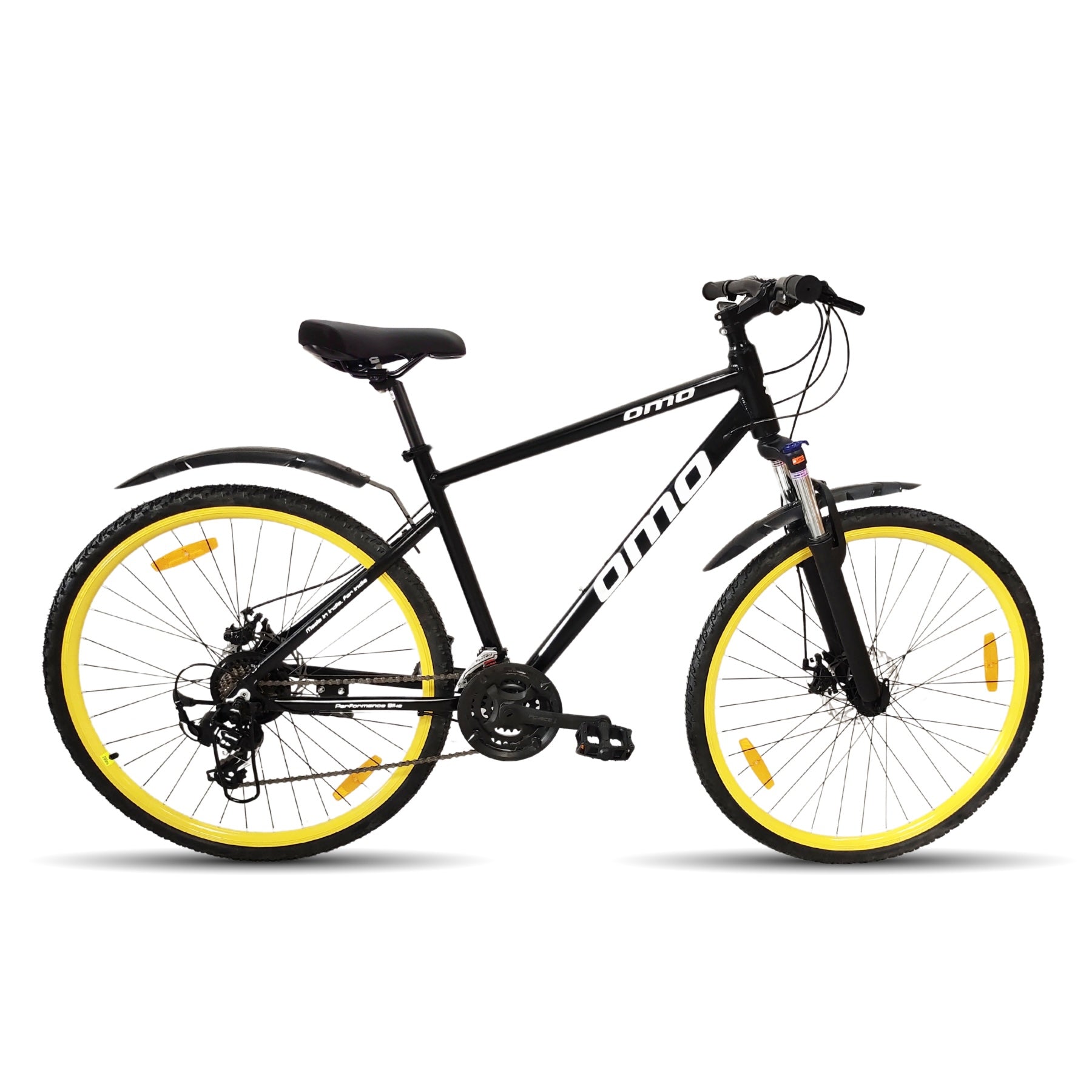 Ladakh Prime 8 and 24 gear hybrid bike alloy frame black colour with yellow wheel by omobikes